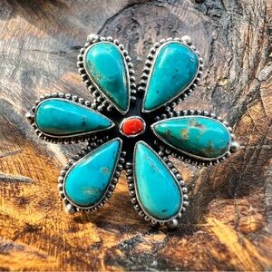 Turquoise Flower Ring w/ Red Coral Accent | 925 Sterling Silver | Southwestern 9